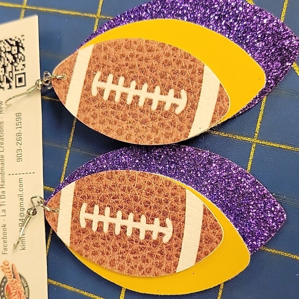 Triple Layer Football Purple Yellow Gold Brown Glitter Pleather Earrings